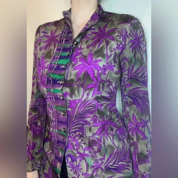 Vintage Dana Buchman Silk Tropical Print Long Sleeve Shirt Size 6 Purple - Picture 1 of 8